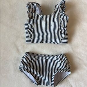 Ruffle Butts Navy and White Striped two piece Swimsuit with Red Bow 3-6m